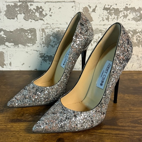 Jimmy Choo Shoes - Jimmy Choo Silver Glitter Romy Pointed Toe Pumps Size 38 US size 8